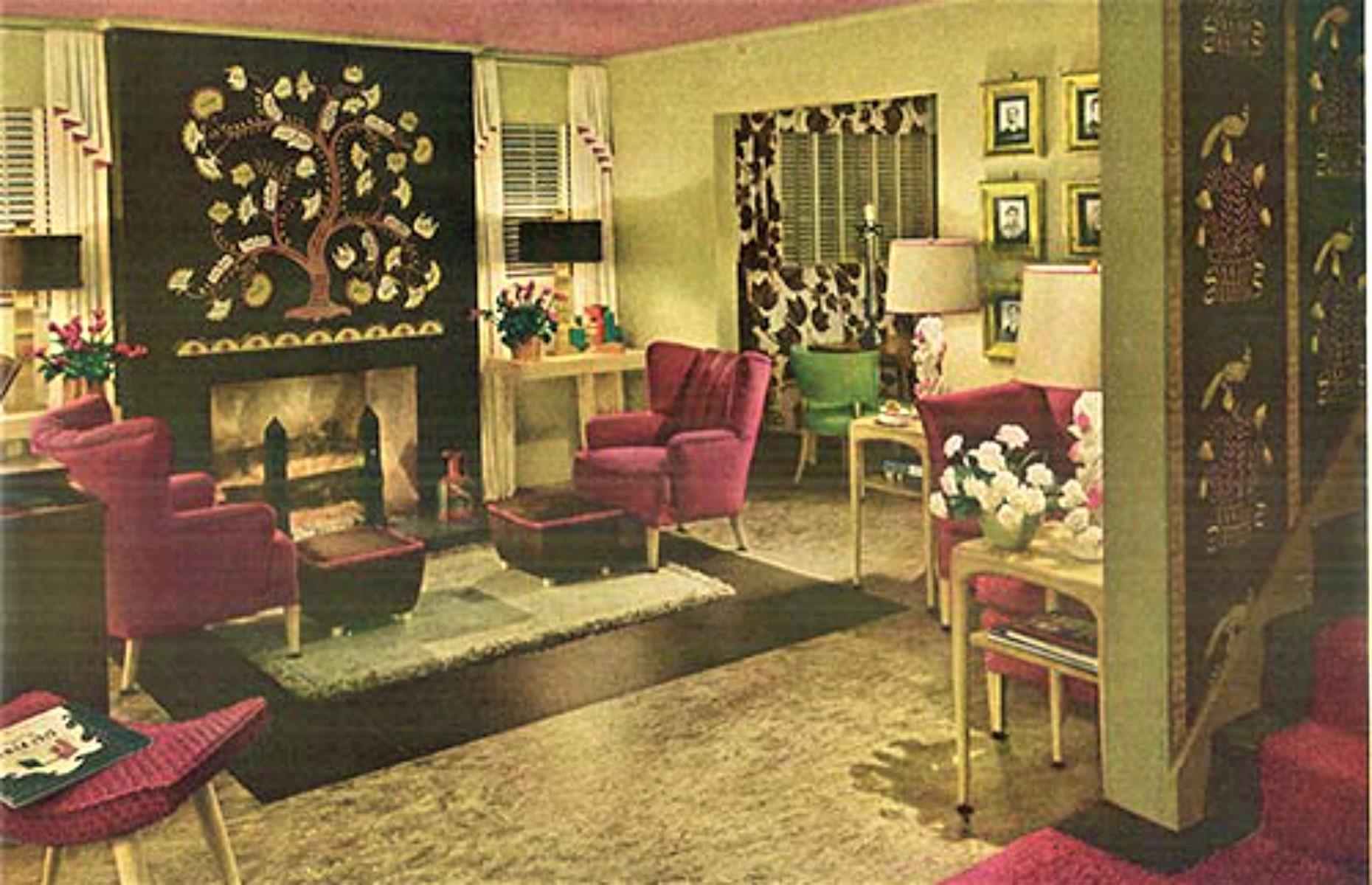 Vintage green-and-burgundy living room